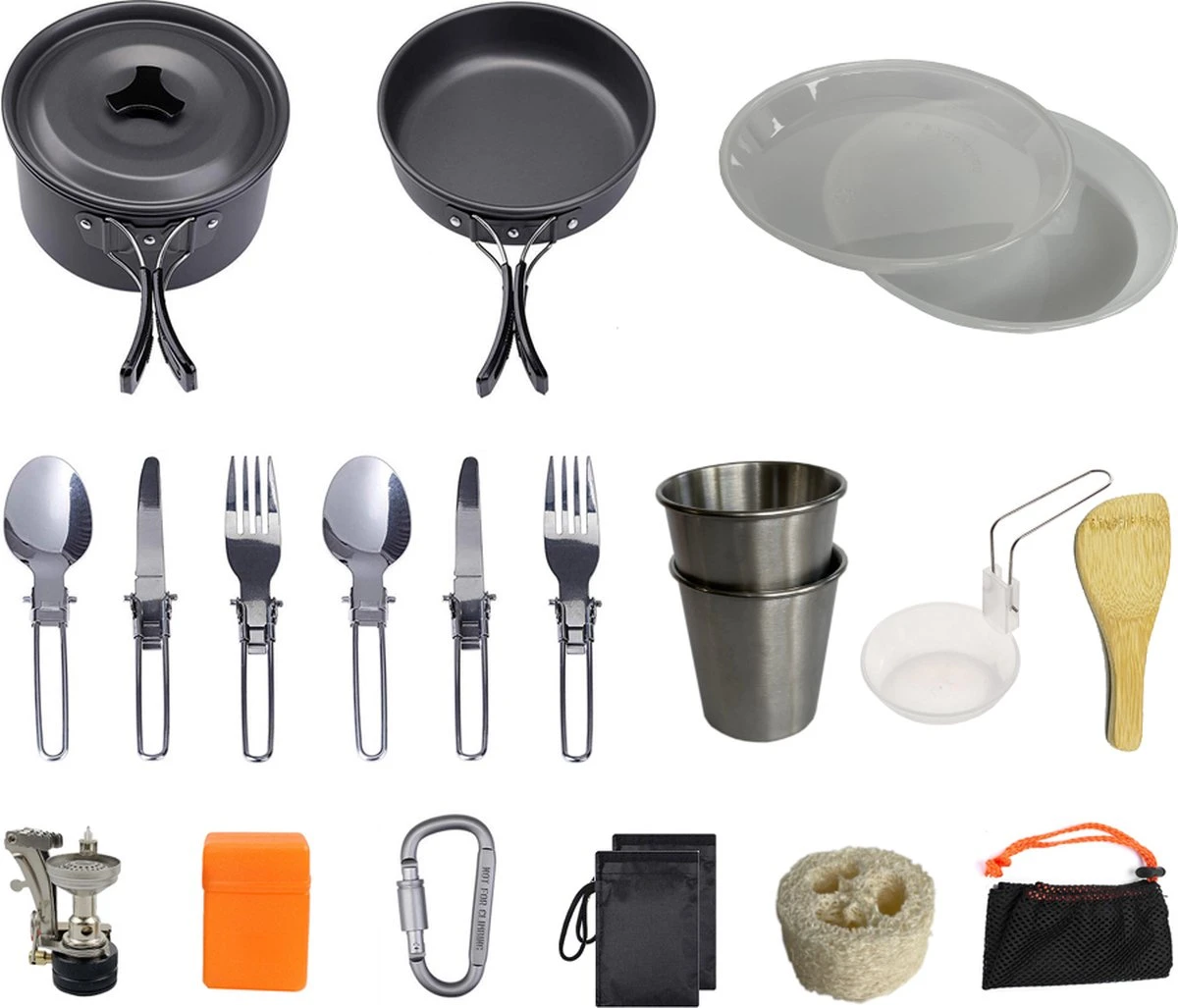 Hikr® Camping Pannenset - Complete 22-delige Kookset - Lichtgewicht - Kookgerei Servies - Outdoor - BPA-vrij - Keukengerei Set 1 Hikr® Camping Pannenset - Complete 22-delige Kookset - Lichtgewicht - Kookgerei Servies - Outdoor - BPA-vrij - Keukengerei Set