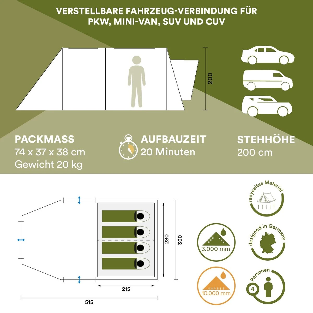 Skandika Pitea XL UP Tent – Koepeltenten - Autotent – 4 Persoons Campingtent Voor SUV, Caddy, Auto, CUV – Vrijstaand – Met/zonder Slaapcabine – Max. Stahoogte 200 Cm – Waterdicht Met 3000mm Waterkolom - 515 X 300 X 200 Cm (LxBxH) – Kamperen - Grijs 6 Skandika Pitea XL UP Tent – Koepeltenten - Autotent – 4 Persoons Campingtent Voor SUV, Caddy, Auto, CUV – Vrijstaand – Met/zonder Slaapcabine – Max. Stahoogte 200 Cm – Waterdicht Met 3000mm Waterkolom - 515 X 300 X 200 Cm (LxBxH) – Kamperen - Grijs - Afbeelding 6
