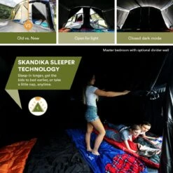 Skandika Montana 8 Sleeper Tent – Tunneltent – 8 Persoons Familietent - Campingtent – Sleeper Technology (2 Tot 4 Extra Donkere Slaapcabines) – Ingenaaide Tentvloer - Muggengaas – 700 X 310 X 200 Cm (LxBxH) – 5000mm Waterkolom – Kamperen – Blauw/wit -Buitenkampeer Winkel 1200x1200 714