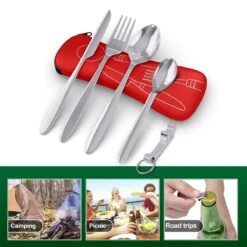 Roestvrij Staal Bestek (kampeerset) – Draagbare Reislepels, -vork En -mes Voor Festivals, Camping Of Trektochten - Wordt Geleverd Met Een Neopreen Draagtasje Met Een Lichtgewicht Flesopener -Buitenkampeer Winkel 1200x1200 752