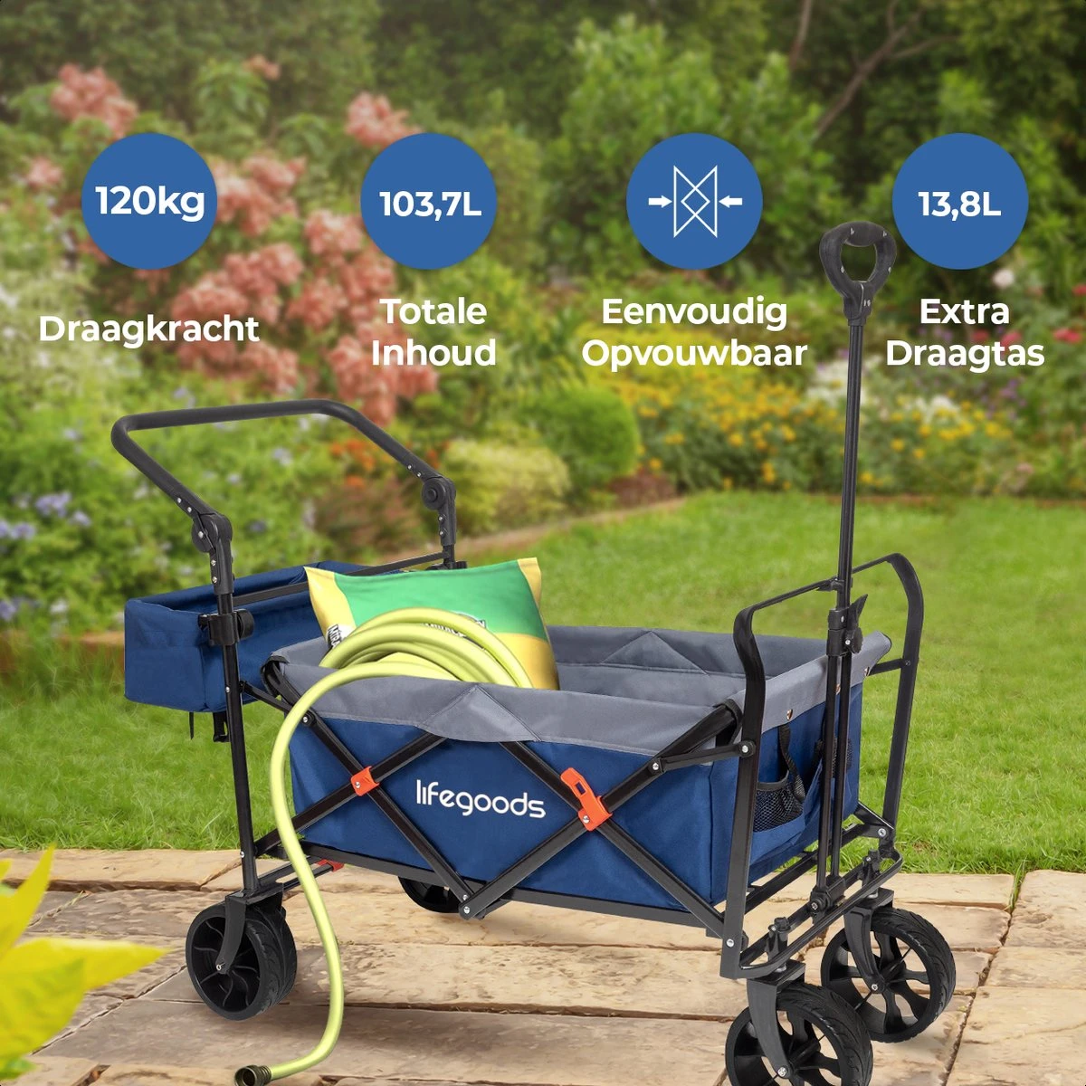 LifeGoods Bolderkar - Opvouwbaar - Tot 120KG - 103L - Extra Draagtas En Duwstang - Wasbaar Polyester - 98x45cm - Blauw/Grijs 2 LifeGoods Bolderkar - Opvouwbaar - Tot 120KG - 103L - Extra Draagtas En Duwstang - Wasbaar Polyester - 98x45cm - Blauw/Grijs - Afbeelding 2
