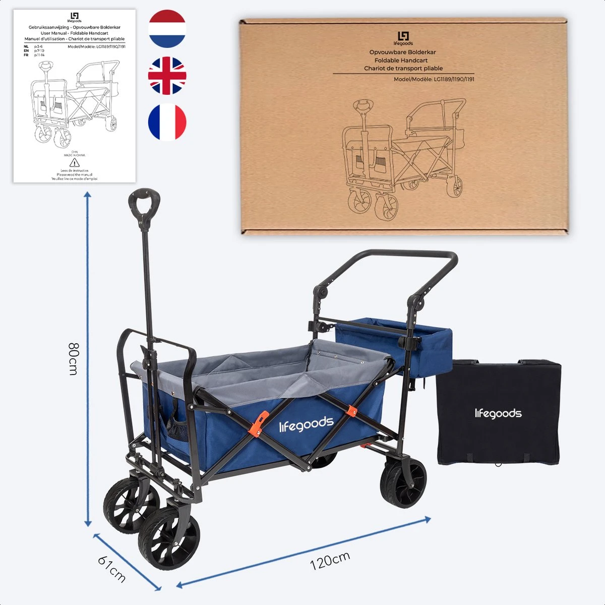 LifeGoods Bolderkar - Opvouwbaar - Tot 120KG - 103L - Extra Draagtas En Duwstang - Wasbaar Polyester - 98x45cm - Blauw/Grijs 5 LifeGoods Bolderkar - Opvouwbaar - Tot 120KG - 103L - Extra Draagtas En Duwstang - Wasbaar Polyester - 98x45cm - Blauw/Grijs - Afbeelding 5